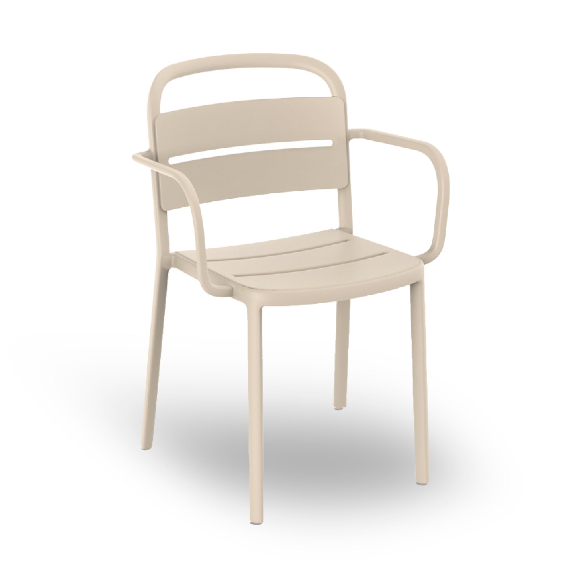 The Como Armchair by Resol is a beige, modern piece with a minimalist design. It features a curved backrest and armrests, four straight legs, and wide flat slats for a contemporary look. Crafted sustainably for eco-friendly elegance.