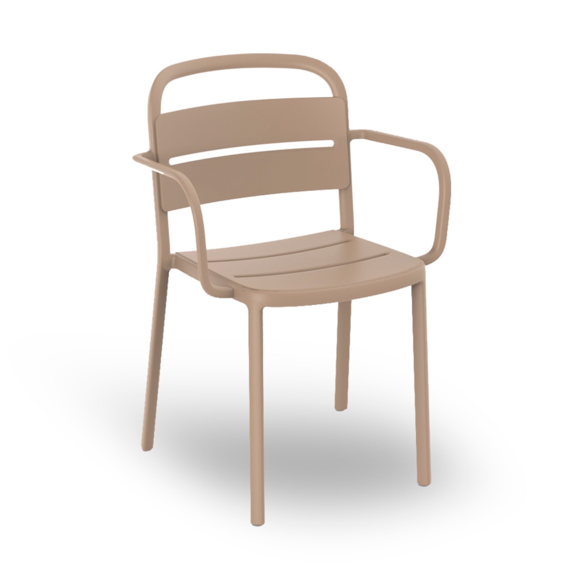 The Como Armchair by Resol is a tan plastic chair with a curved backrest and armrests featuring a simple, modern design. Crafted sustainably, this UV-protected chair offers a sturdy four-leg build, making it perfect for versatile indoor or outdoor use.