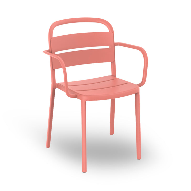The coral-colored Como Armchair by Resol boasts a modern design with a curved backrest and armrests. Made sustainably, it features clean lines and a slightly raised seat, perfect for contemporary interiors or outdoor spaces.