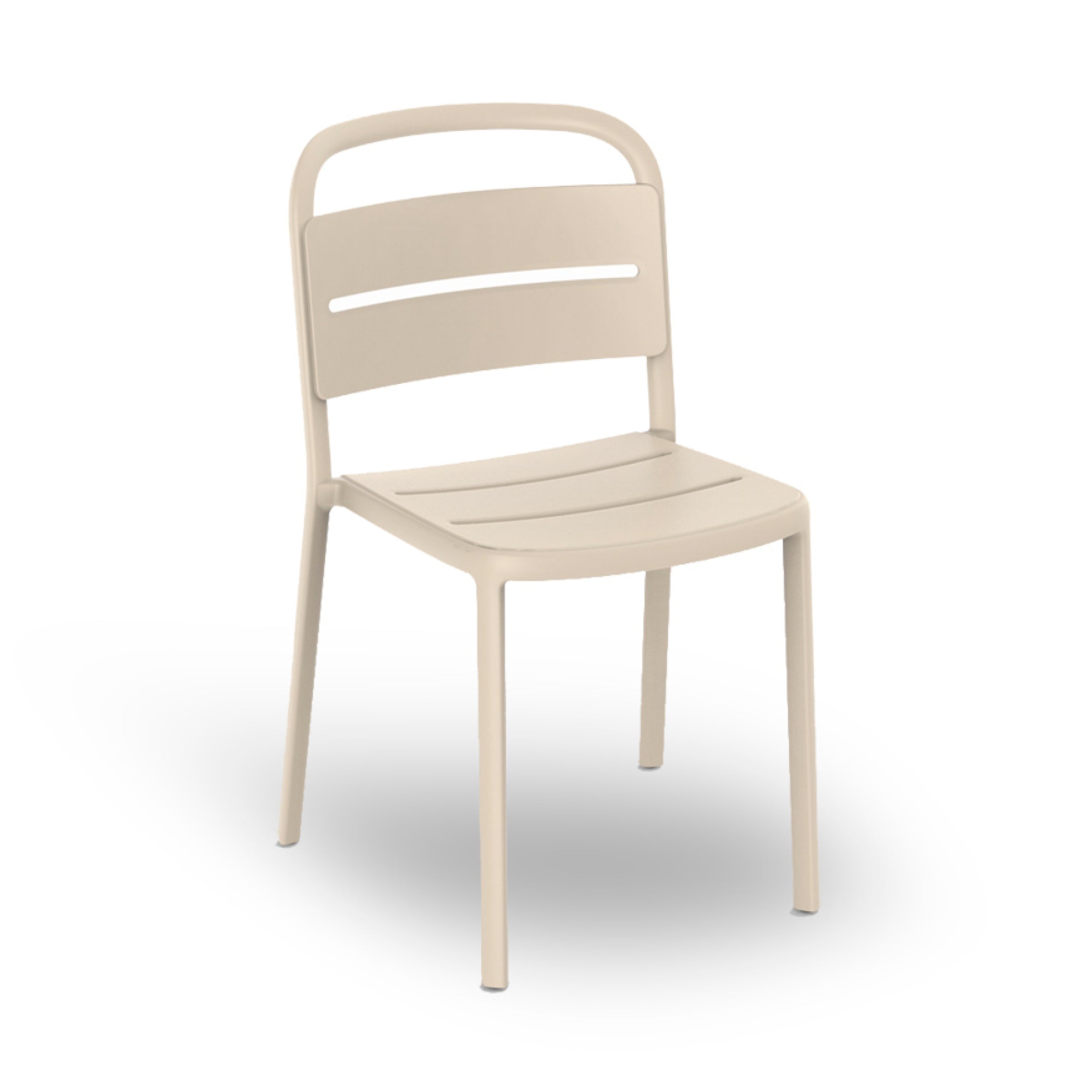The Como Chair by Resol features a minimalist design with a contoured seat and slightly curved backrest with horizontal slats. Supported by four straight legs, this stackable beige plastic chair is modern and functional for both indoor and outdoor use.