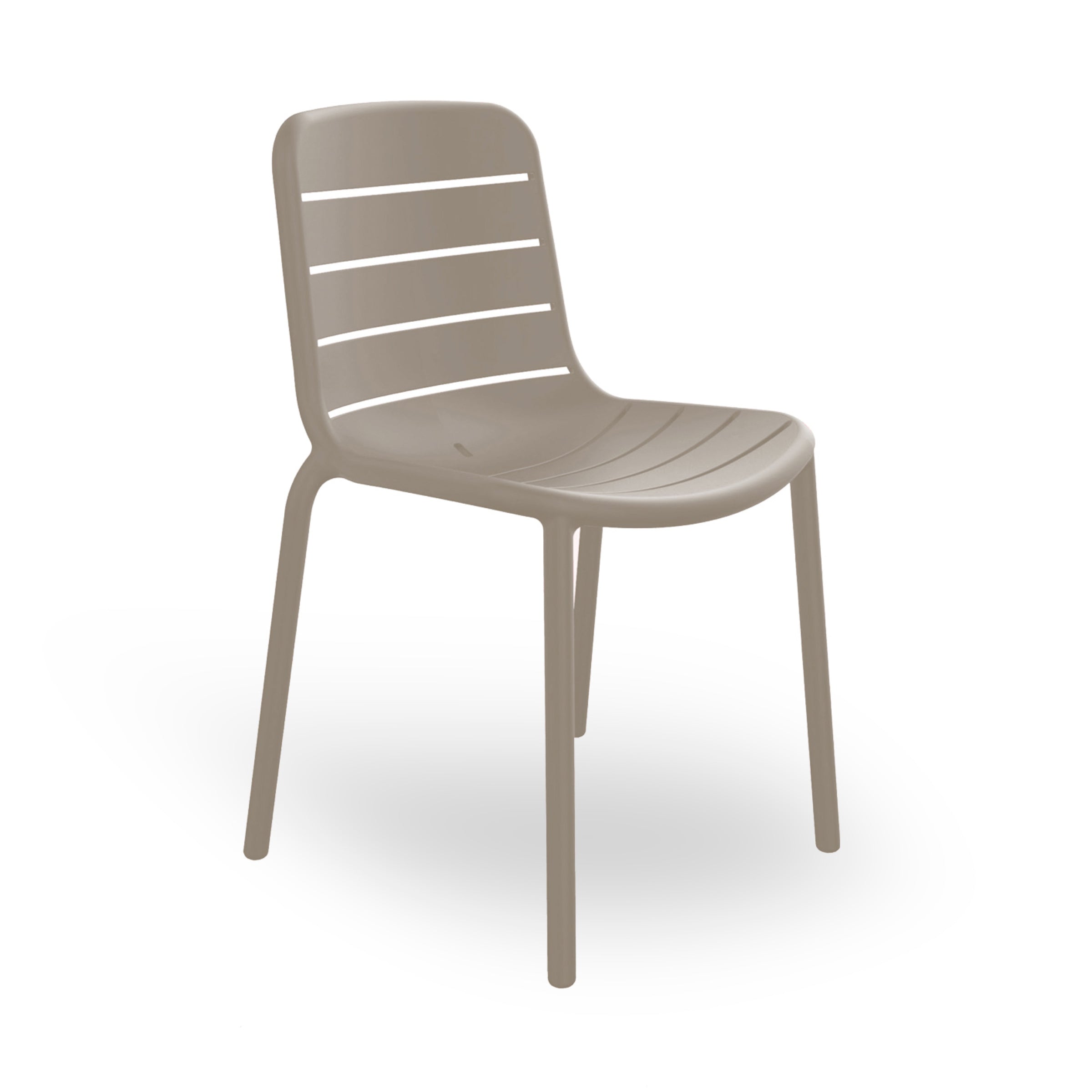 The Gina Chair by Resol is a modern, light brown plastic chair featuring horizontal slats on the backrest. Stackable and designed for interiors, it has four angled legs and a curved seat with a minimalist look. UV protected, its displayed against a plain white background.