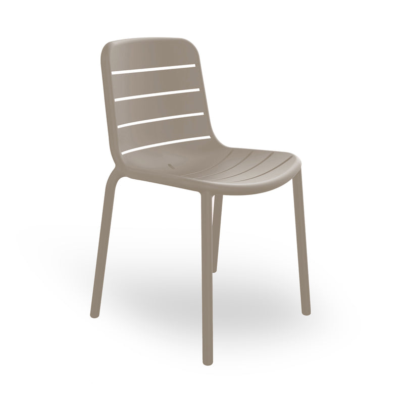 The Gina Chair by Resol is a modern, light brown plastic chair featuring horizontal slats on the backrest. Stackable and designed for interiors, it has four angled legs and a curved seat with a minimalist look. UV protected, its displayed against a plain white background.
