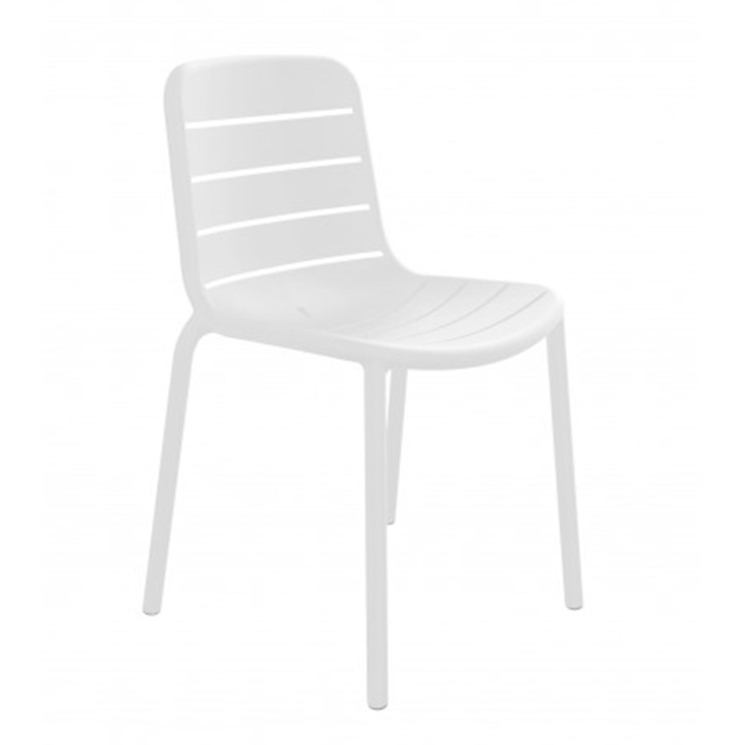 The Gina Chair by Resol is a stackable white plastic chair featuring a simple, modern design with a straight backrest with horizontal slits and four slightly angled legs. Ideal for interior setups, it combines style and practicality.