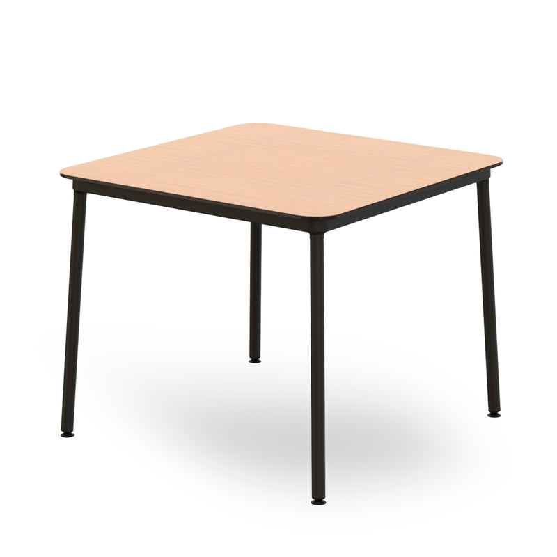 The Hub Table by Resol features a square top in light wood and black metal legs, offering a modern and sleek design with sustainable production practices, viewed at an angle.