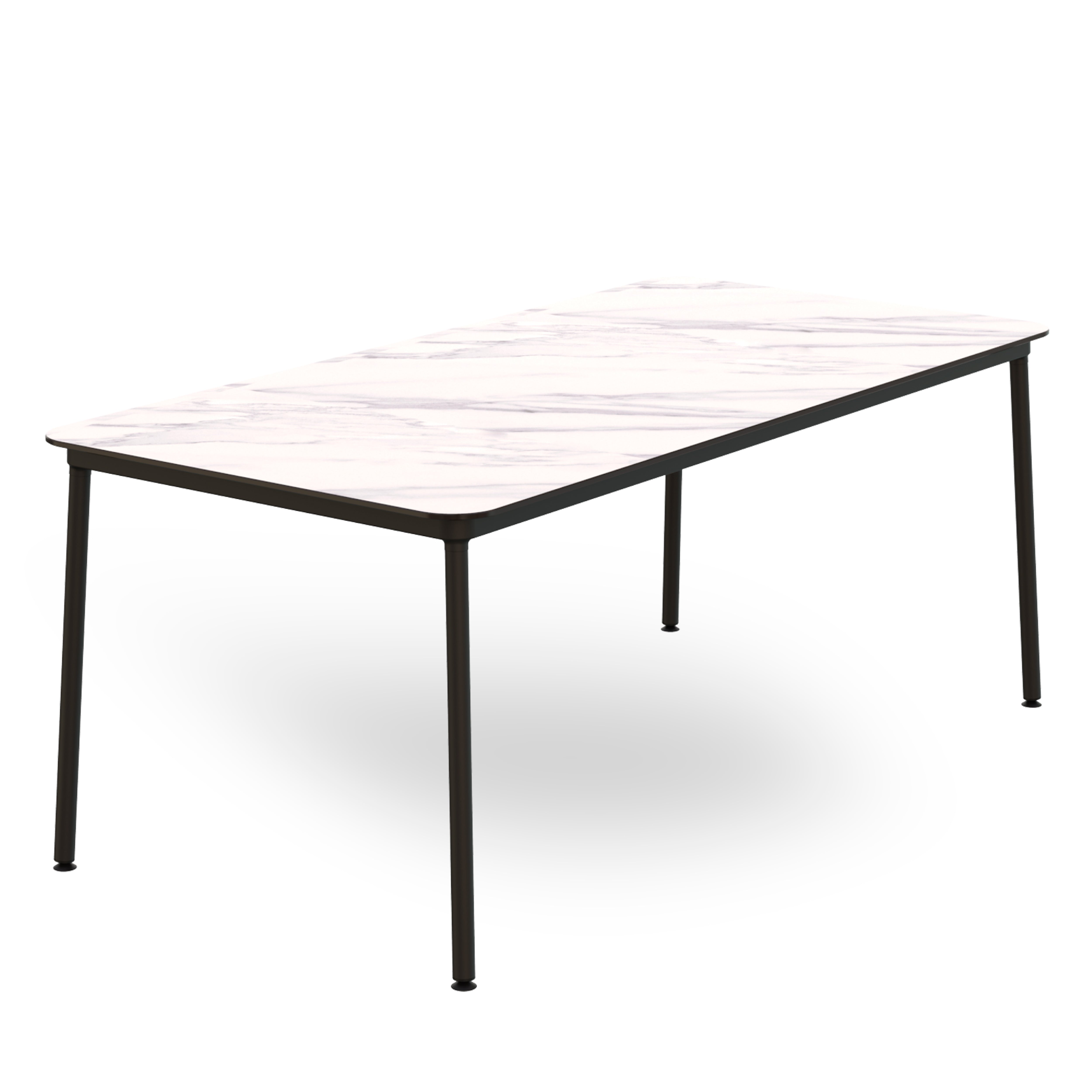 The Hub Table by Resol features a rectangular design with a white marble-like top and black legs. Its minimalist and modern style is ideal for dining or office spaces, embodying sustainable production and innovative design.