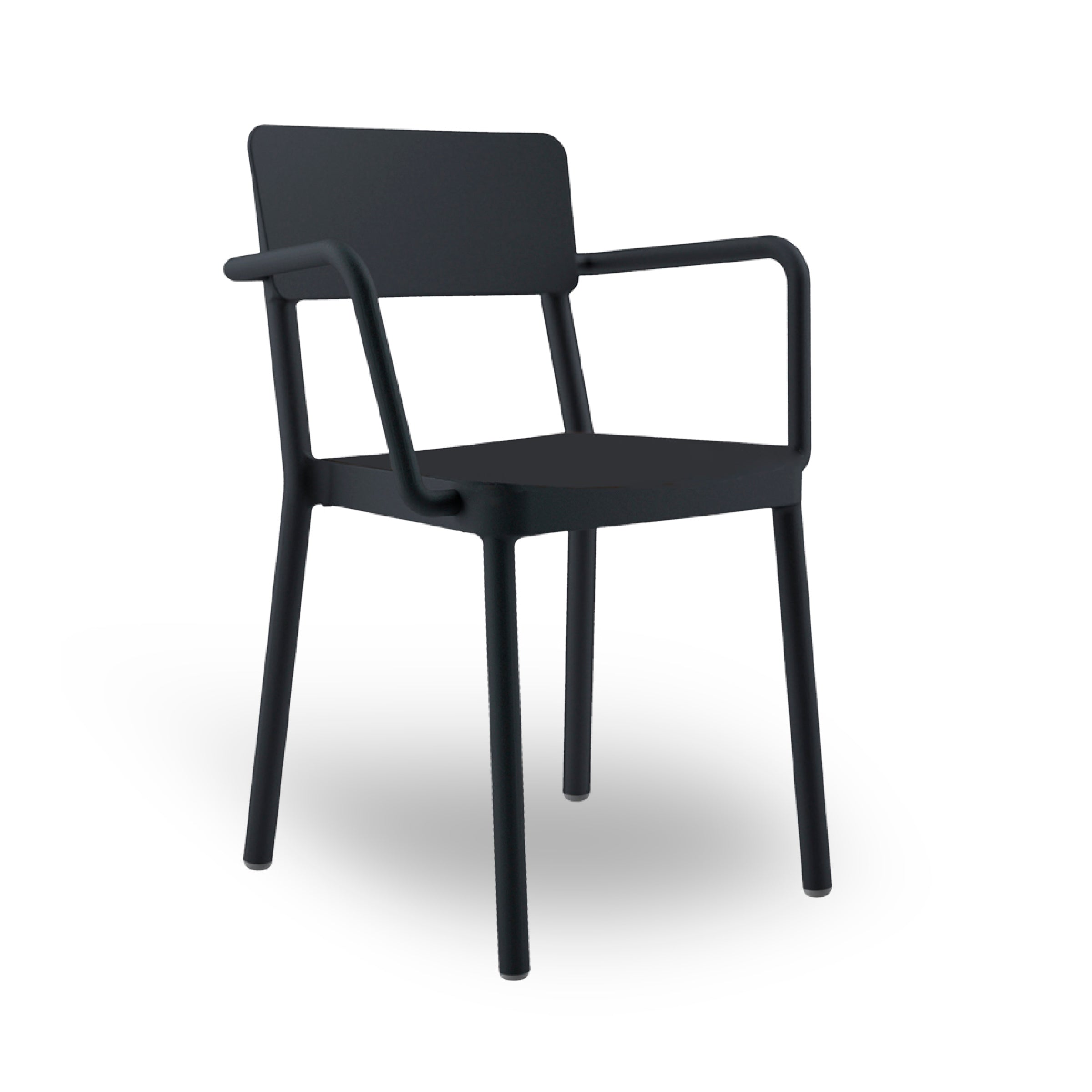 The Lisboa Armchair by Resol is a sleek, modern black chair with a minimalist design. It features UV-protected materials and has four straight legs with armrests, set against a white background.