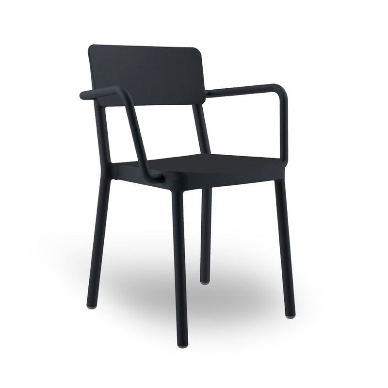The Lisboa Armchair by Resol is a sleek, modern black chair with a minimalist design. It features UV-protected materials and has four straight legs with armrests, set against a white background.