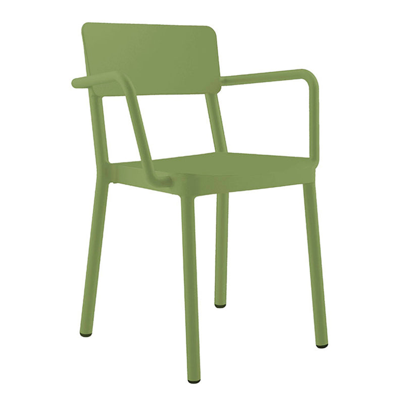 The Lisboa Armchair by Resol is a green plastic chair with a modern design, featuring armrests, a straight backrest, and four legs. UV-protected, its suitable for both indoor and outdoor use.