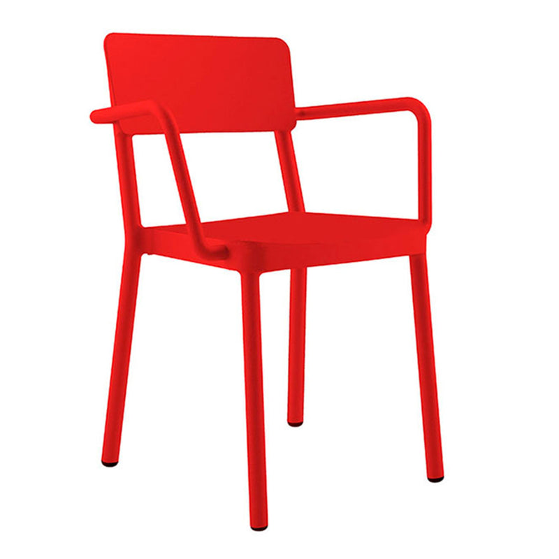 Discover the Lisboa Armchair by Resol, a modern piece in a sleek red design. It features a minimalist style with a rectangular backrest, flat seat, straight legs, and integrated armrests from the backrest. Crafted for durability with UV protection to maintain its vibrant red color.