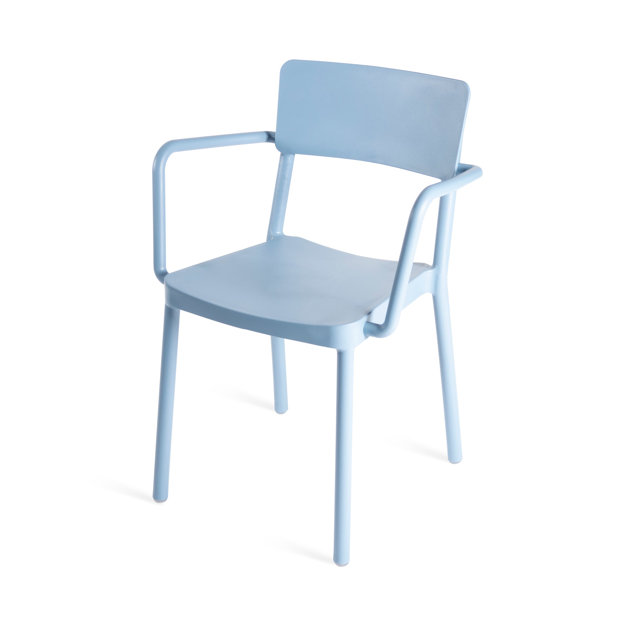 Explore the Lisboa Armchair by Resol, a light blue, modern chair. It features armrests, a square backrest, and four straight legs. Crafted using sustainable production methods, this minimalist design perfectly combines style with eco-consciousness.