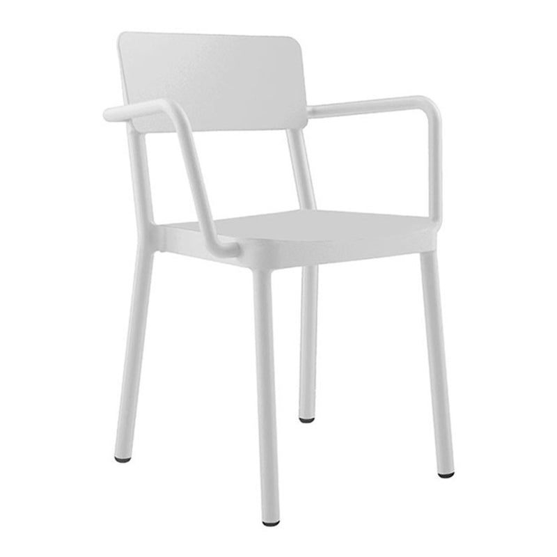 The Lisboa Armchair by Resol is a minimalist white chair with a square backrest, armrests, and four straight legs. Its sleek design is UV protected for durability and sustainably produced, making it perfect for modern decor.
