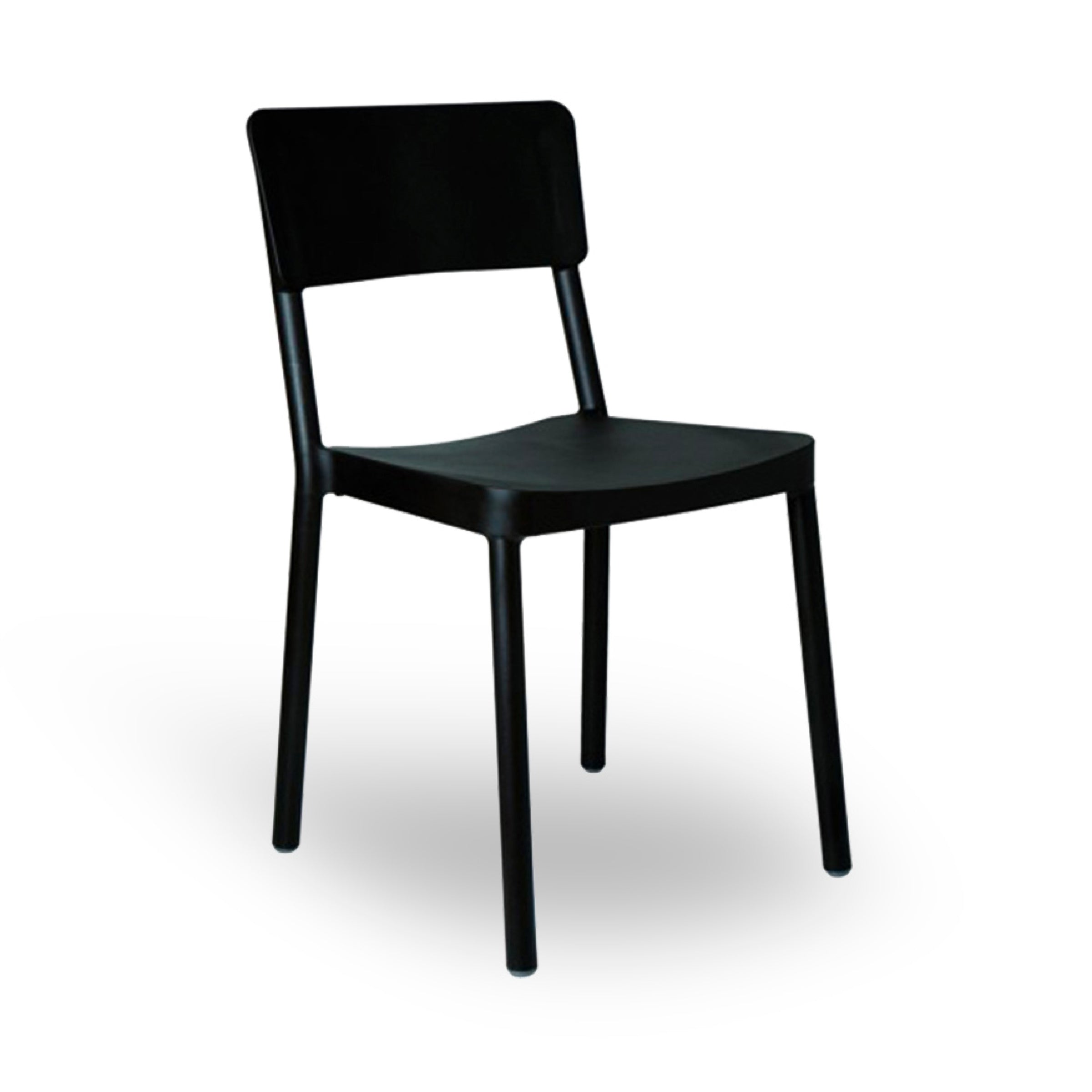 The Lisboa Chair by Resol is a sleek, minimalist black chair featuring a straight rectangular backrest and four cylindrical legs. Crafted sustainably, it suits various settings with its modern style.