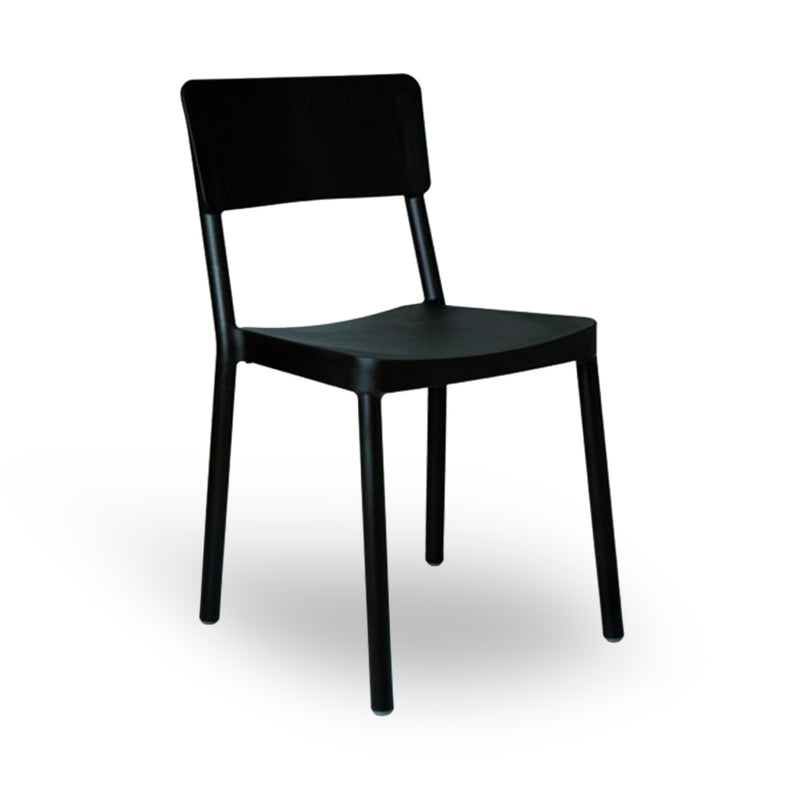 The Lisboa Chair by Resol is a sleek, minimalist black chair featuring a straight rectangular backrest and four cylindrical legs. Crafted sustainably, it suits various settings with its modern style.