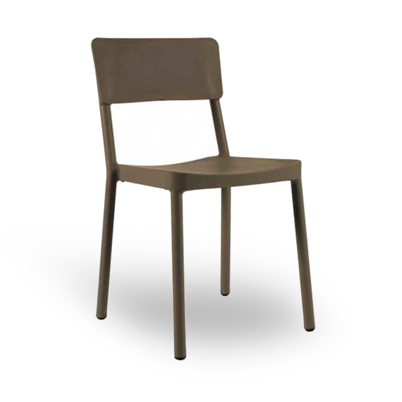The Lisboa Chair by Resol is a simple, modern brown chair featuring a square backrest and four straight legs made of smooth material. It embodies sustainable production and stands against a plain white background.