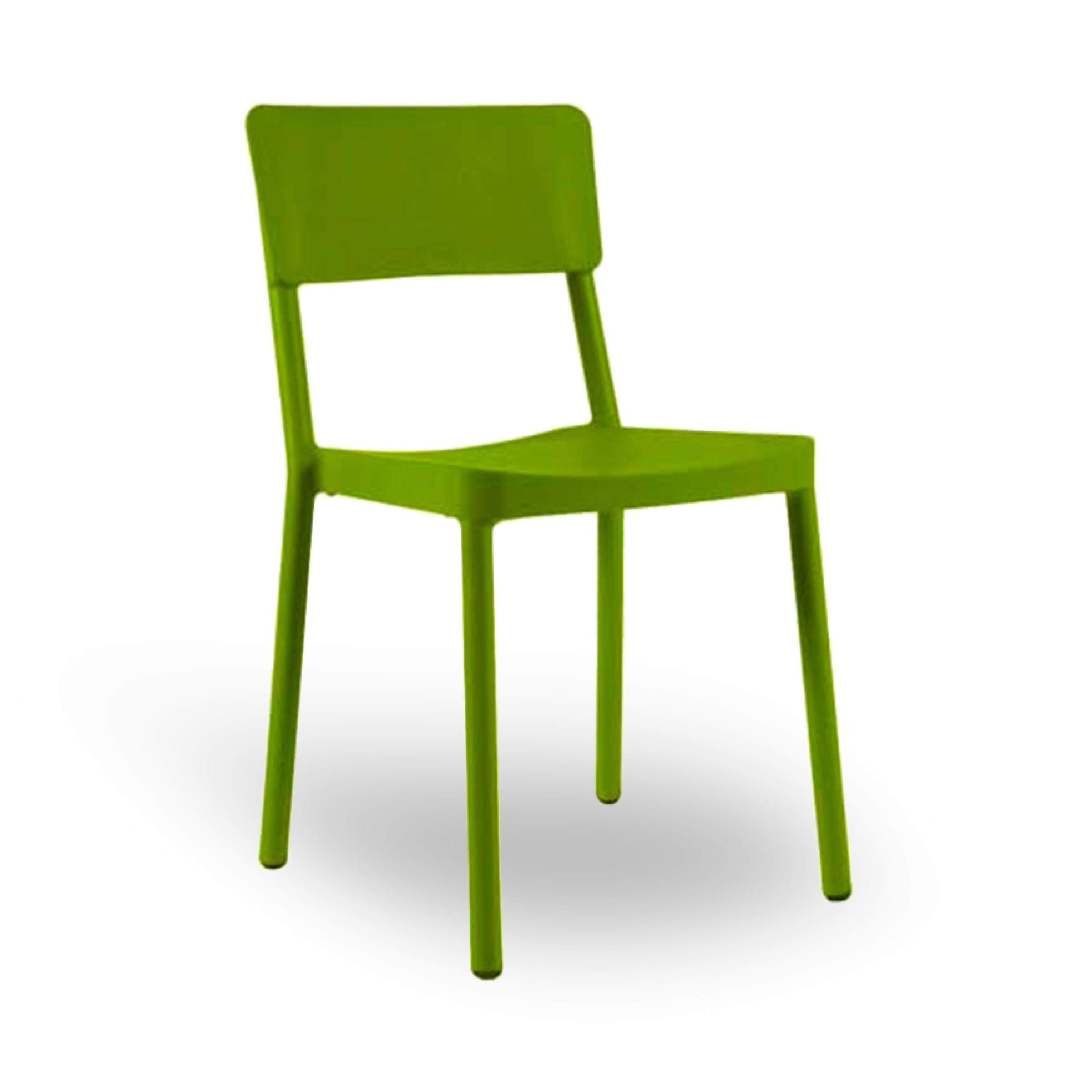 The Lisboa Chair by Resol features a simple, modern design with a solid backrest, four straight legs, and a flat seat in green. Crafted sustainably and UV protected for longevity, its showcased against a plain white background.