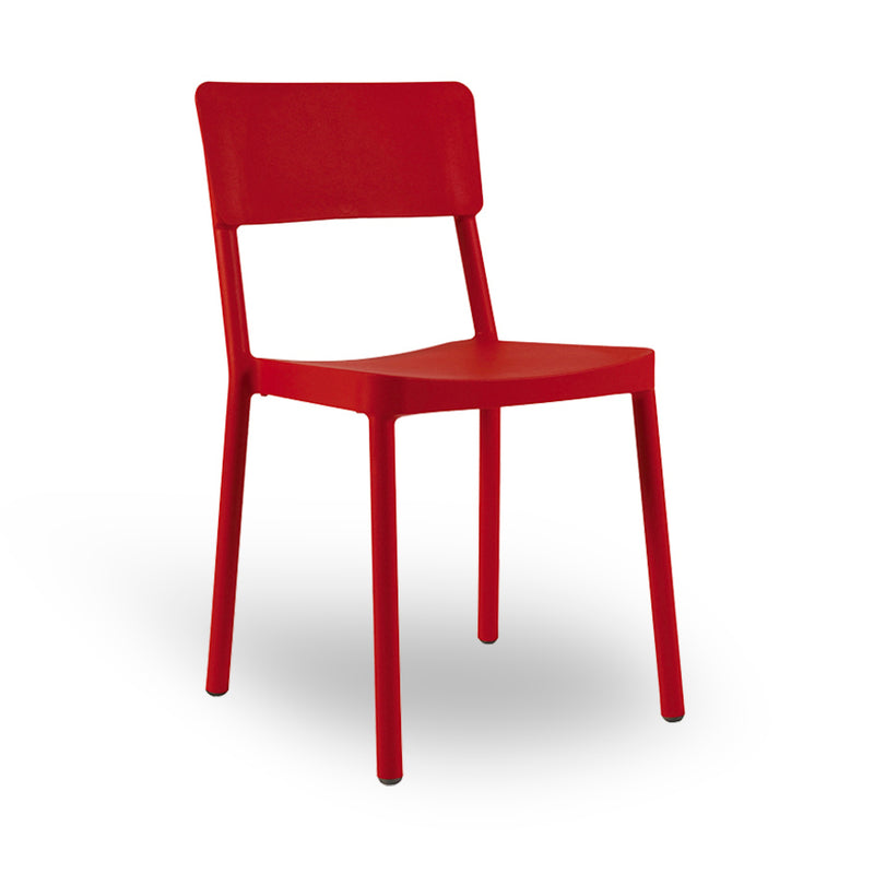 The Lisboa Chair by Resol is a modern, sleek red chair with a straight backrest and four legs, crafted sustainably. It features a smooth surface with UV protection and is shown against a plain white background.