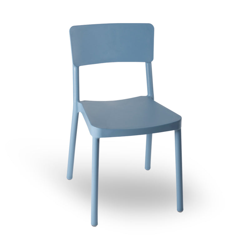 The Lisboa Chair by Resol is a simple light blue plastic chair featuring a straight backrest and four legs, set against a plain white background. Crafted with sustainable techniques, it showcases the exceptional quality of ResolDesigner furniture.