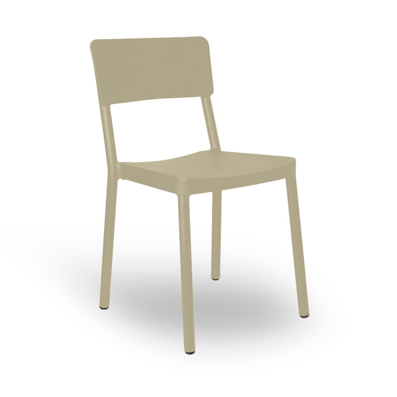 The Lisboa Chair by Resol is a simple, modern beige chair featuring a straight backrest and four legs. It is crafted using sustainable production methods and set against a plain white background.