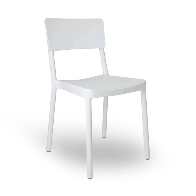 The Resol Lisboa Chair features a minimalist design with a flat backrest, seat, and four straight legs. Crafted sustainably, its modern white silhouette is enhanced by UV protection for lasting elegance against a plain white backdrop.