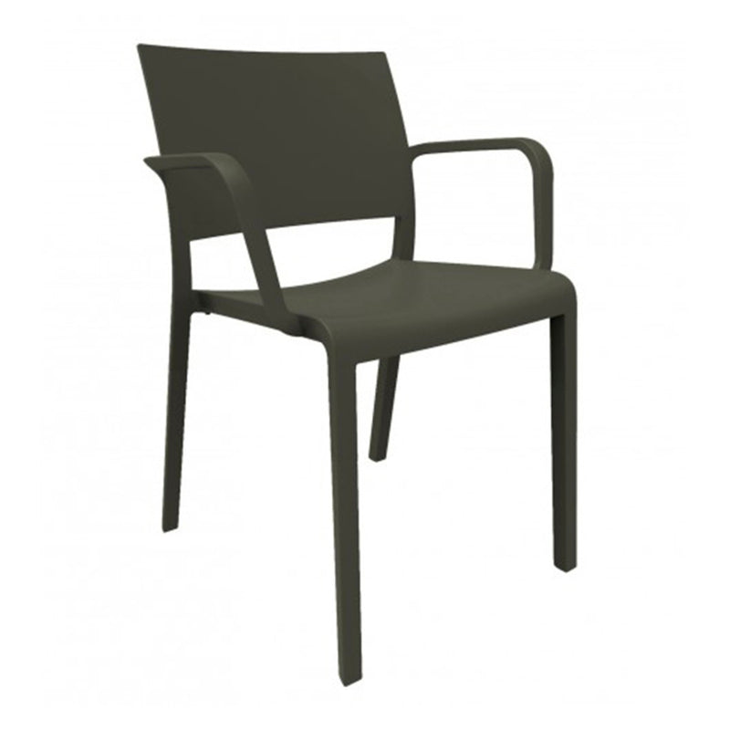 The Fiona Armchair by Resol is a modern, stackable outdoor chair in dark gray plastic, featuring armrests and a slightly curved backrest with clean, simple lines.
