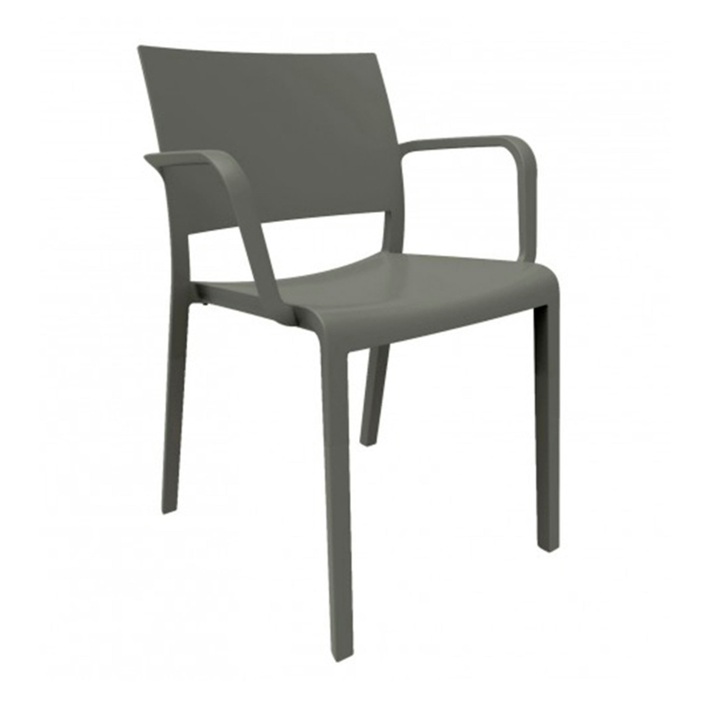 The Fiona Armchair by Resol is a modern, minimalist fiberglass chair in solid gray with armrests and a slightly curved backrest. Its four straight legs and smooth finish make it stylish, sustainable furniture for any contemporary space.