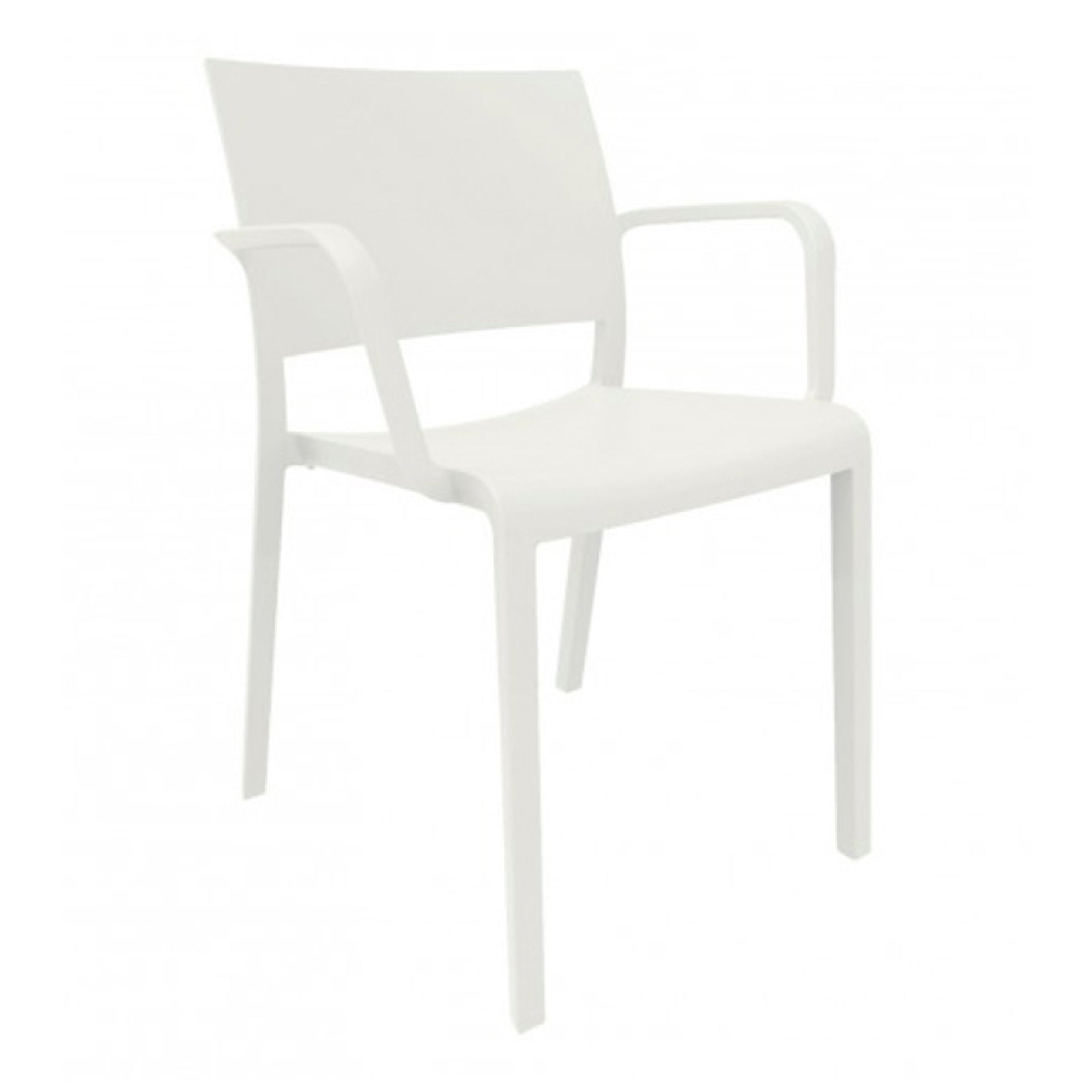 The Resol Fiona Armchair is a modern white fiberglass chair with armrests and a slightly curved backrest, shown against a plain white background—an ideal stackable choice for versatile outdoor use.