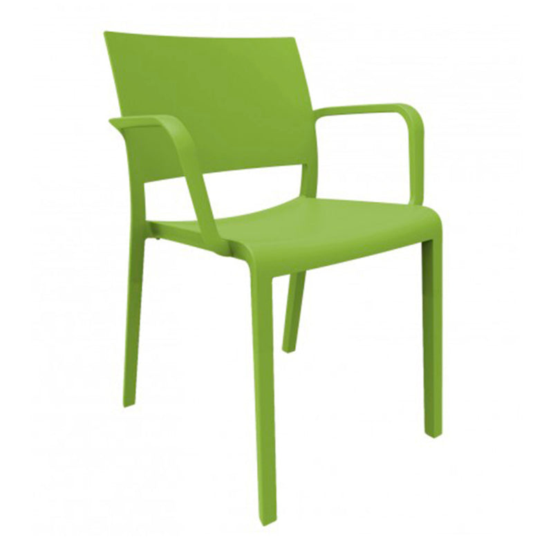 The Fiona Armchair by Resol is a modern green stackable outdoor chair with armrests, a slightly angled backrest, and clean lines—perfect for minimalist, sustainable spaces.