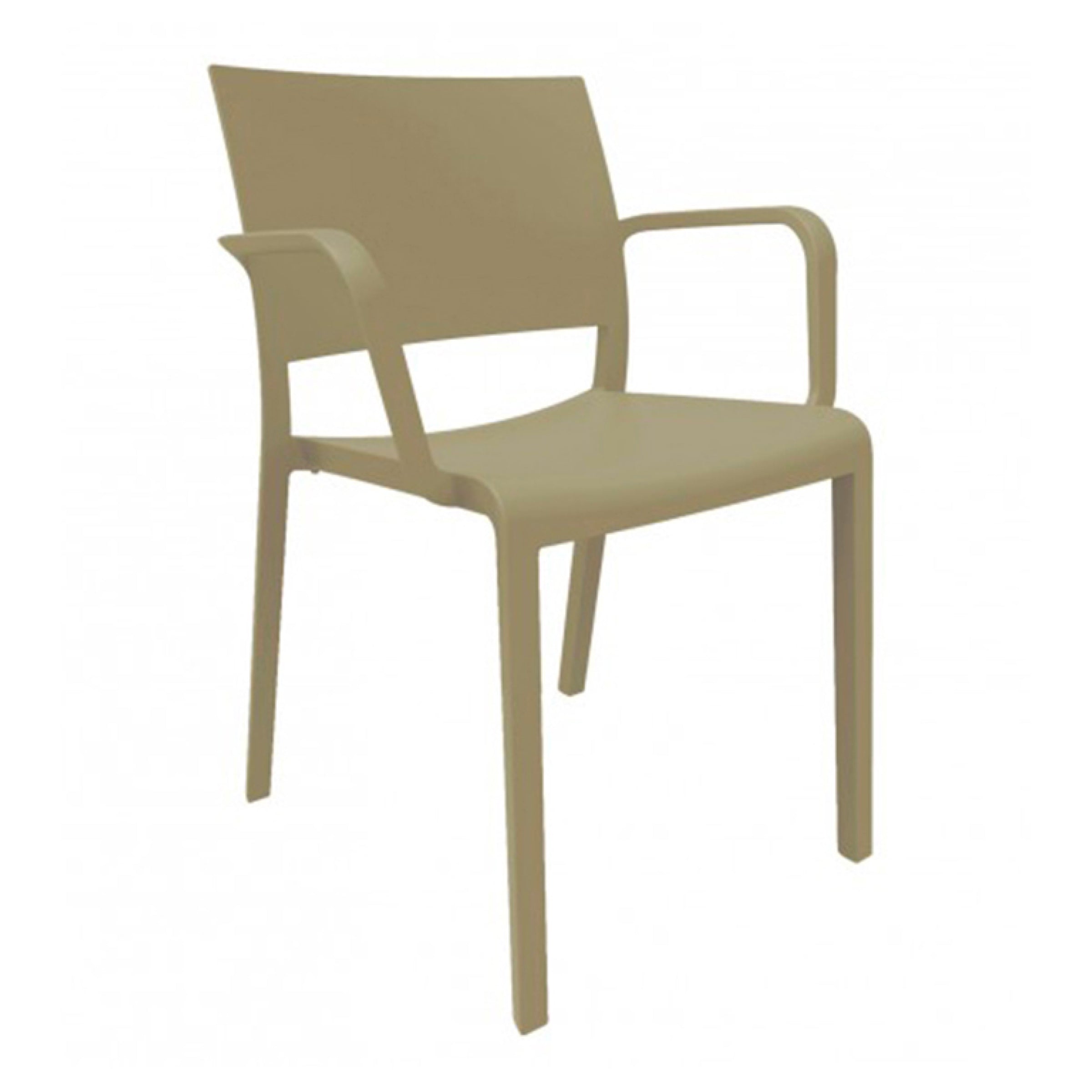 The Resol Fiona Armchair is a beige stackable outdoor chair with armrests and a slightly curved backrest, shown against a plain white background.