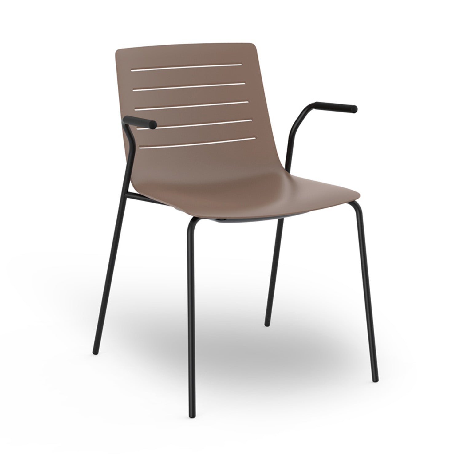 Introducing the Resol Skin Armchair, a modern masterpiece with a brown plastic seat and horizontal slits. Its black metal legs and armrests create a sleek minimalist design. Made from fiberglass and polypropylene, its durable and stackable.