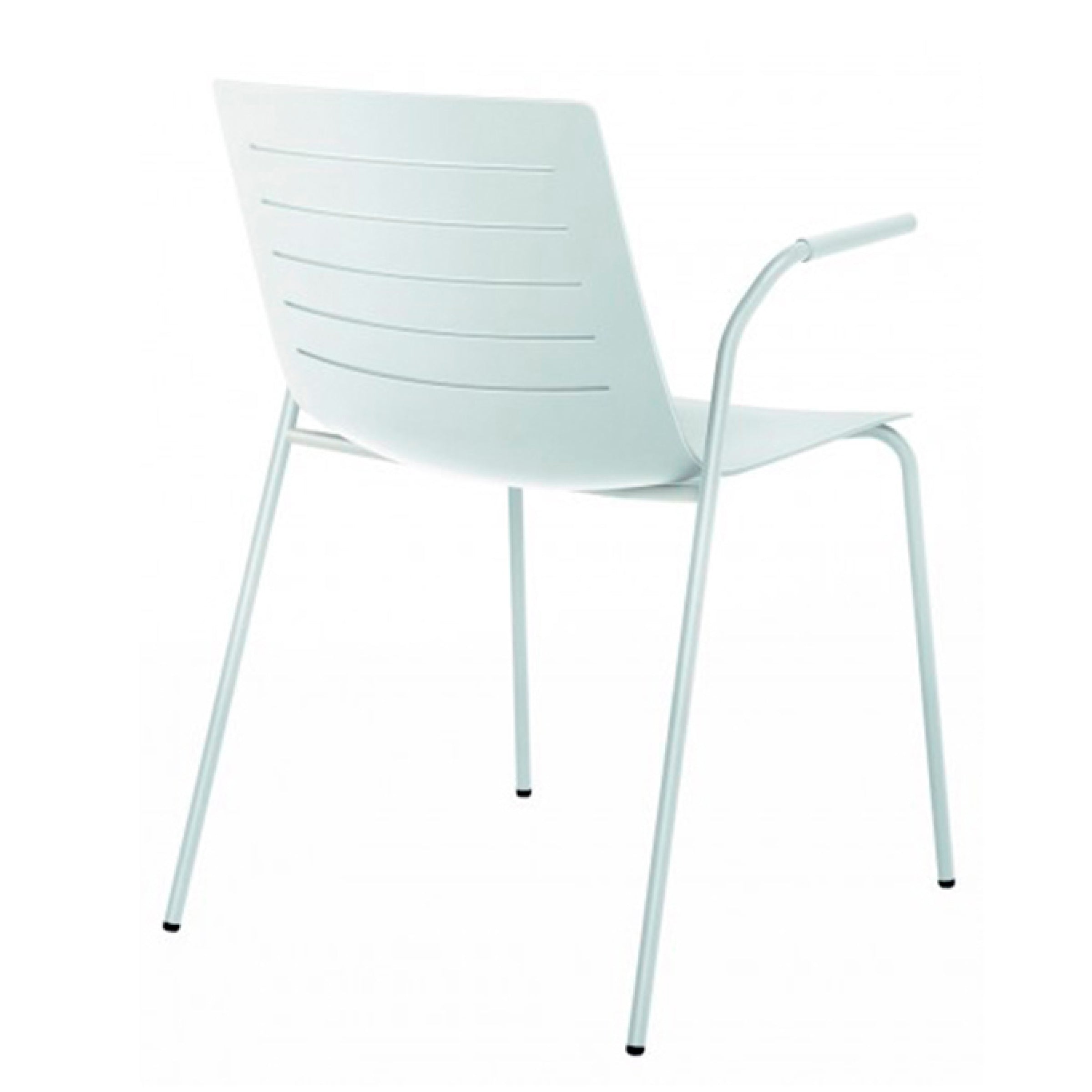 The Resol Skin Armchair is a white modern piece with a minimalist design, featuring a slightly curved backrest and slender metal legs. Made from fiberglass and polypropylene, it has horizontal slits and slim armrests set against a plain white background.