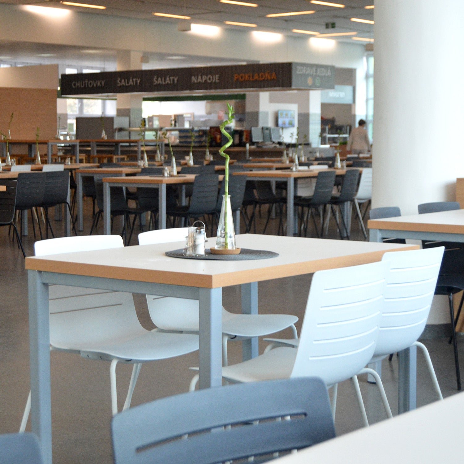 A modern cafeteria features Resols Skin Chairs and sleek fiberglass-polypropylene tables. The minimalist decor includes small flower vases, creating a spacious, well-lit environment with visible menu boards in the background.