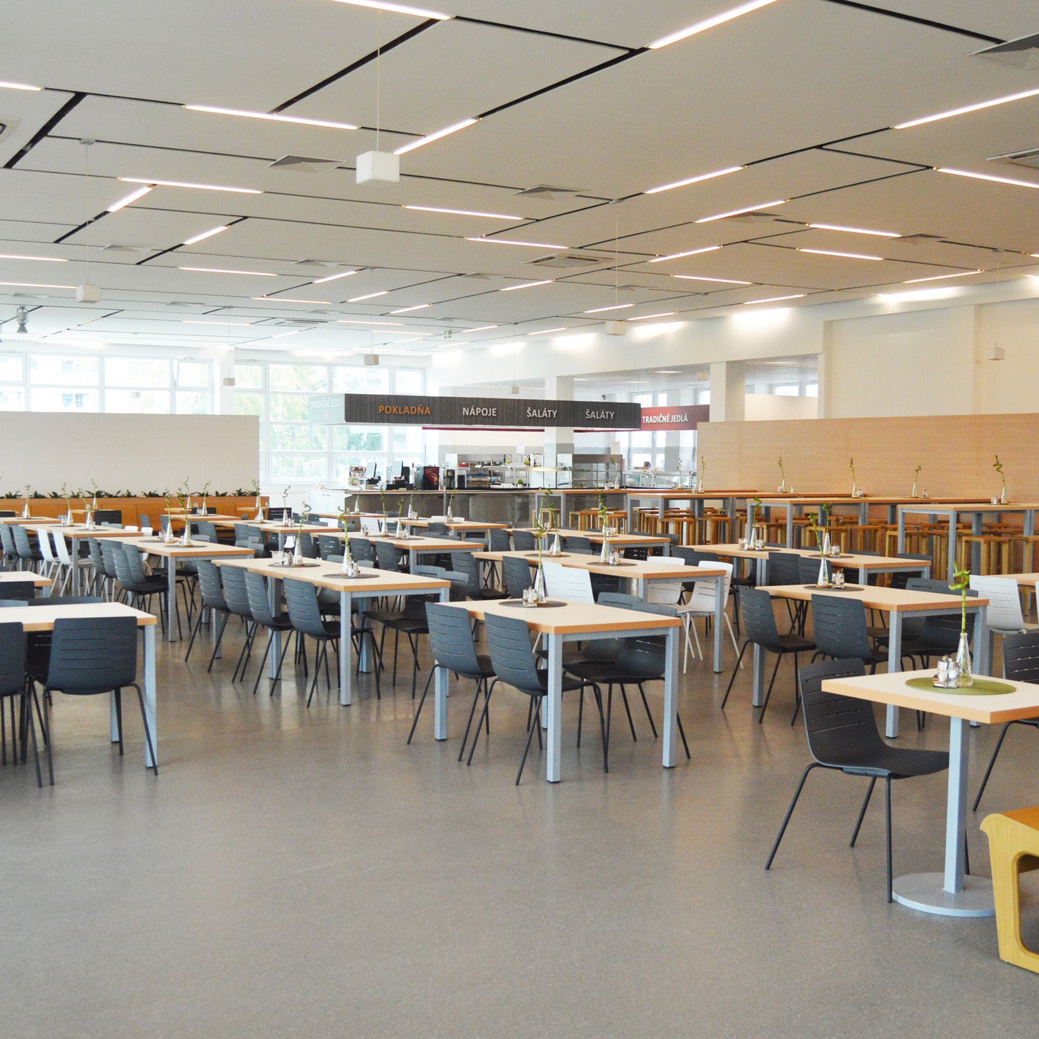The spacious, modern cafeteria is outfitted with Resol Skin chairs, crafted from fiberglass and polypropylene, arranged around square tables. Geometric lighting decorates the ceiling. Signs for Polévka and Saláty guide diners. Large windows bathe the room in natural light.
