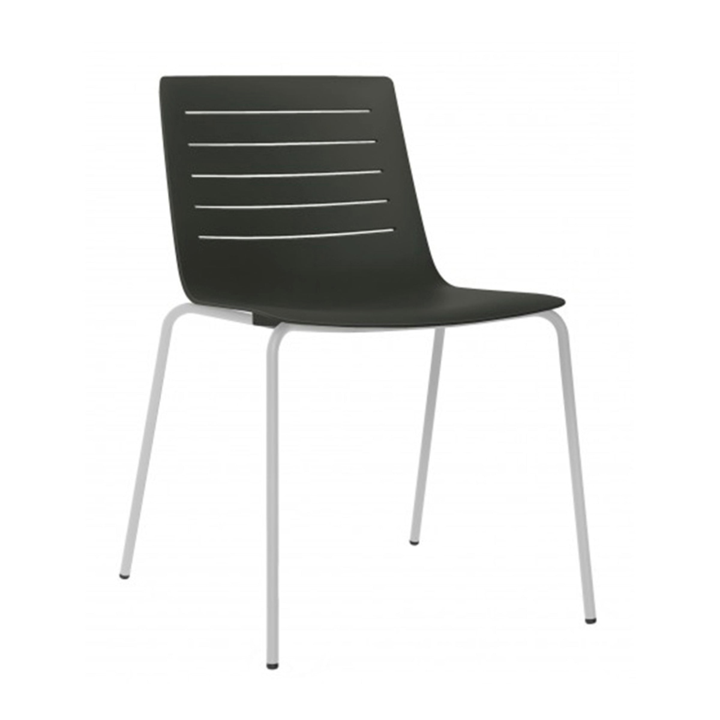 The Resol Skin Chair features a modern design with a dark green seat and backrest with horizontal slits, sleek white metal legs, and is crafted from sustainable materials like fiberglass and polypropylene, offering a simple aesthetic.