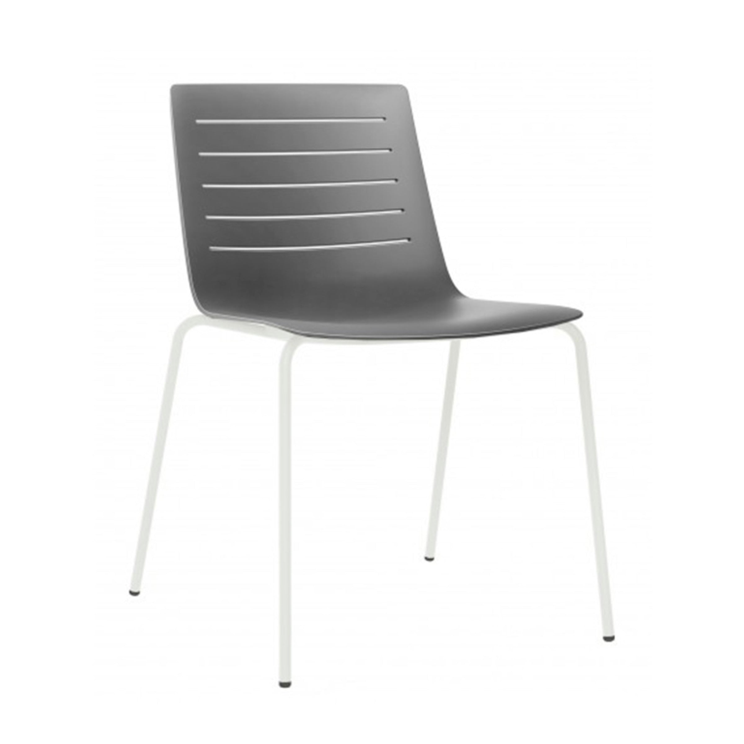 The Resol Skin Chair is a modern design featuring a gray plastic seat with horizontal slits made from polypropylene, supported by four slim white metal legs, all set against a white background.