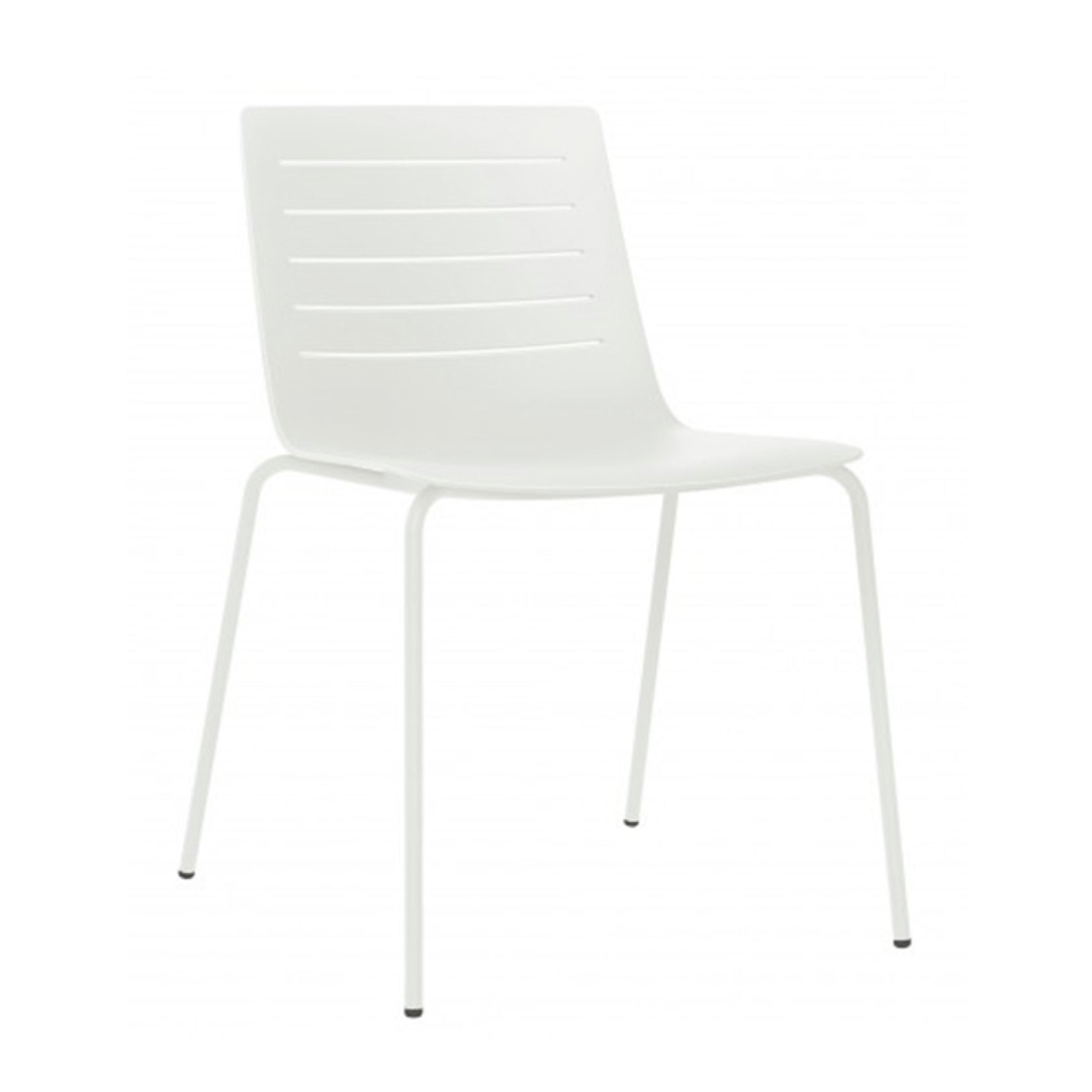 The Resol Skin Chair is a minimalist white plastic chair with a ridged backrest and four slender, slightly angled metal legs. This stackable indoor chair features a simple, modern design suitable for various settings.
