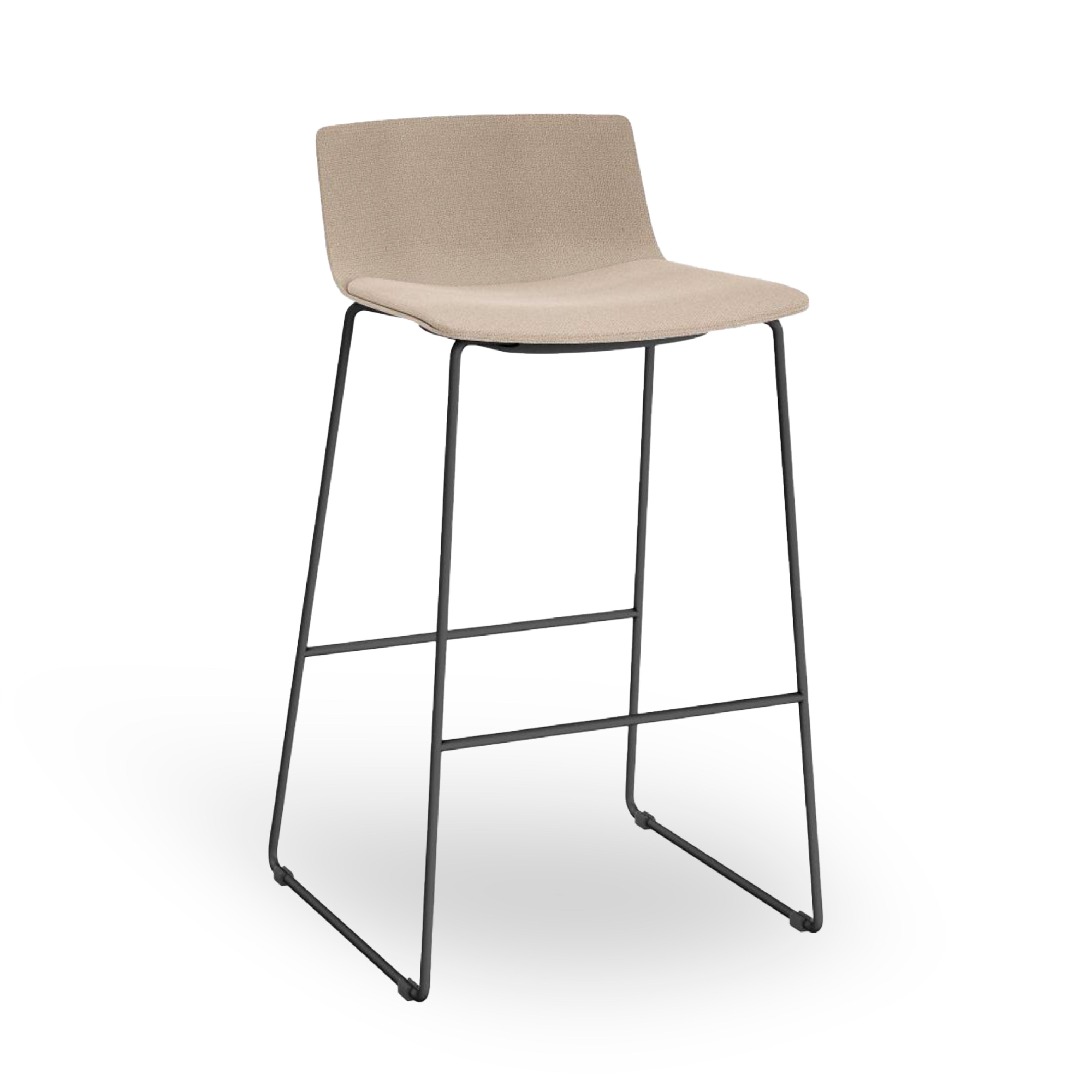 The Skin Barstool Upholstered by Resol is a modern beige barstool with a curved seat and backrest, designed for indoor use. It includes a minimalistic black metal frame and footrest for a sleek, contemporary look.