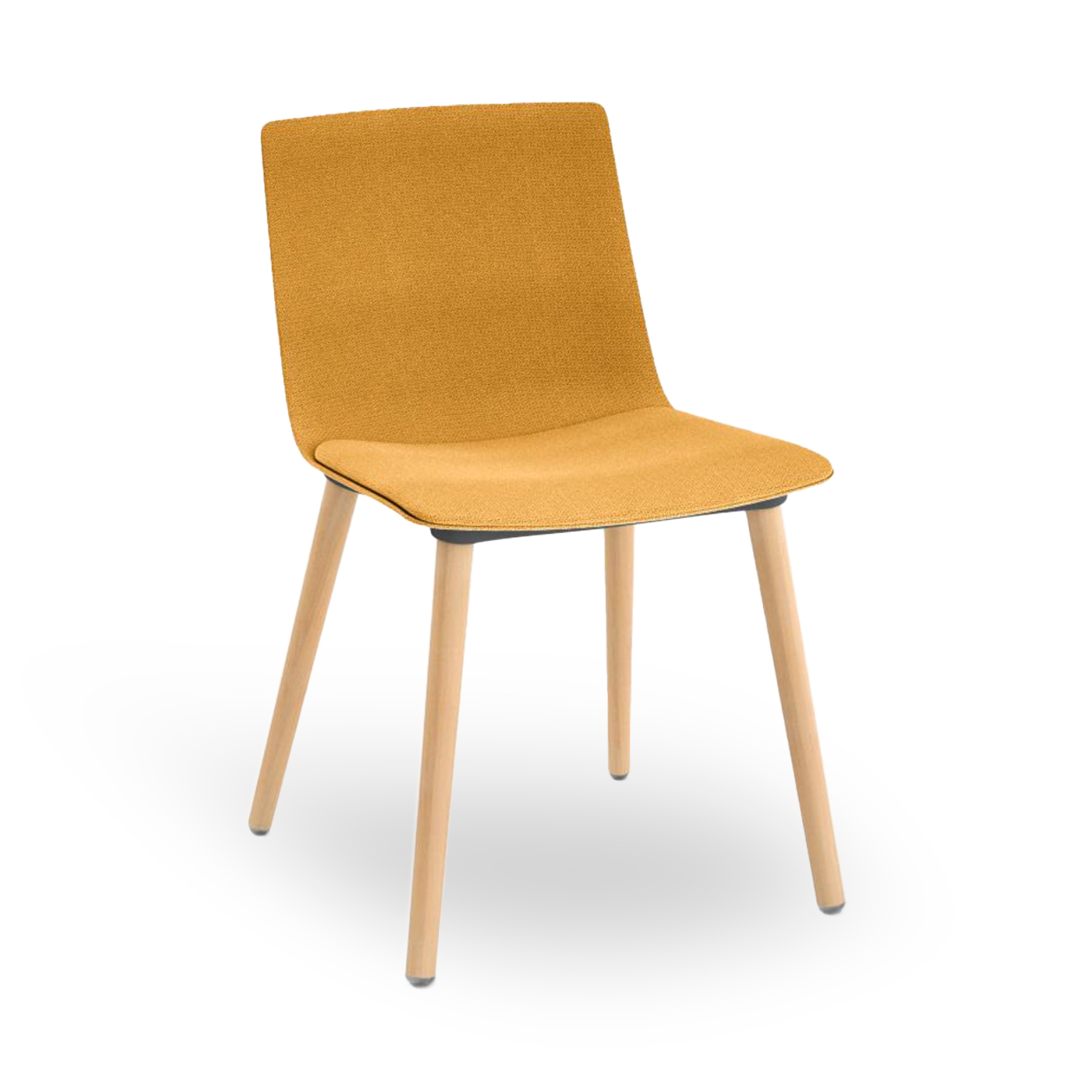The Skin Wood Chair Fully Upholstered by Resol features a modern minimalist design with a yellow seat and backrest on four light wooden legs, offering sleek sophistication that fits perfectly into contemporary interiors.