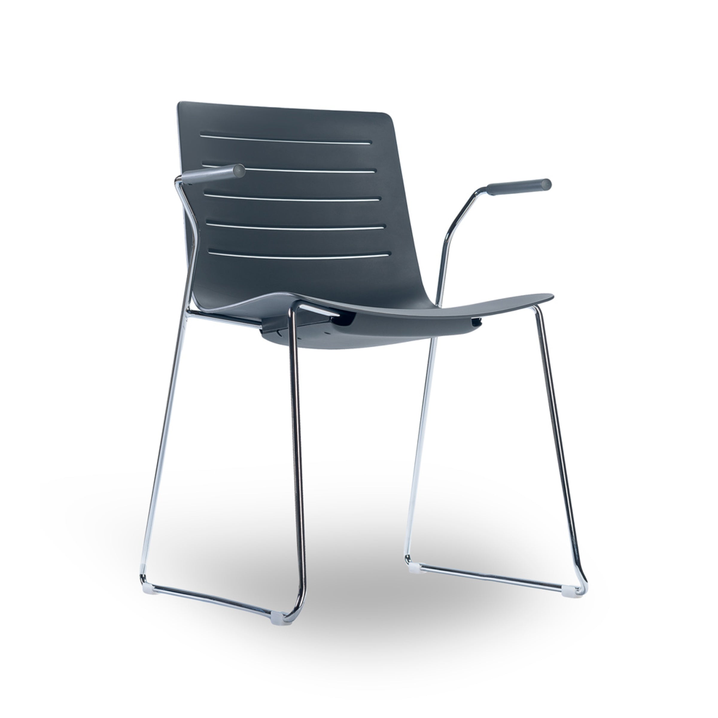 Explore the Skin Sled Armchair by Resol, a contemporary marvel with a dark fiberglass polypropylene seat and backrest featuring horizontal slits. Enhanced with metal armrests and a minimalist frame, its stackable design includes a chic sled-style base ideal for modern spaces.