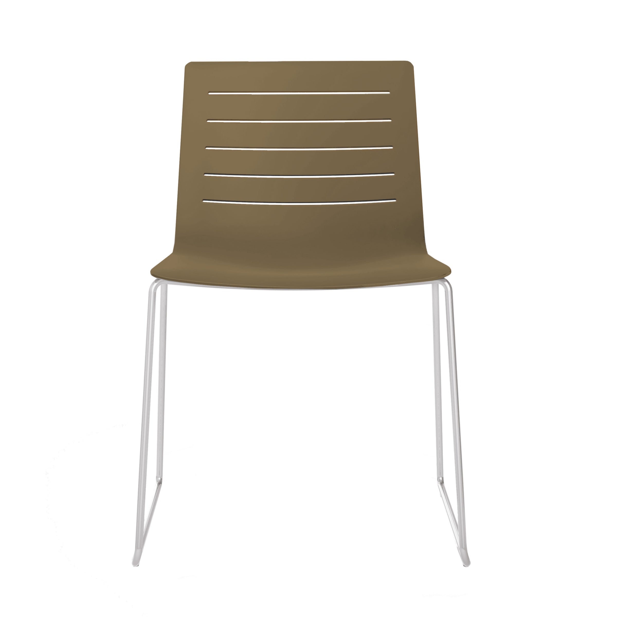 Introducing the Resol Skin Sled Chair, a sustainable piece of furniture featuring a minimalist design with an olive green fiberglass and polypropylene seat with horizontal slits, paired perfectly with sleek white metal legs for a contemporary aesthetic.