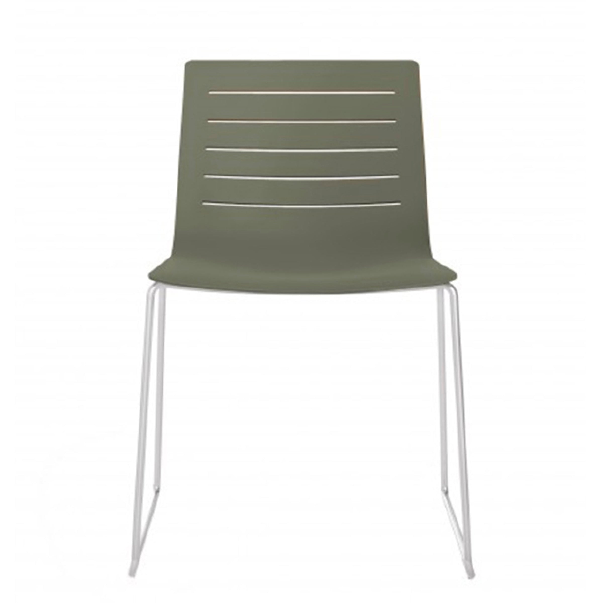Introducing the Skin Sled Chair by Resol, a stylish, sustainable piece with an olive green fiberglass and polypropylene seat featuring horizontal slits, paired with sleek white metal legs for a minimalist look.