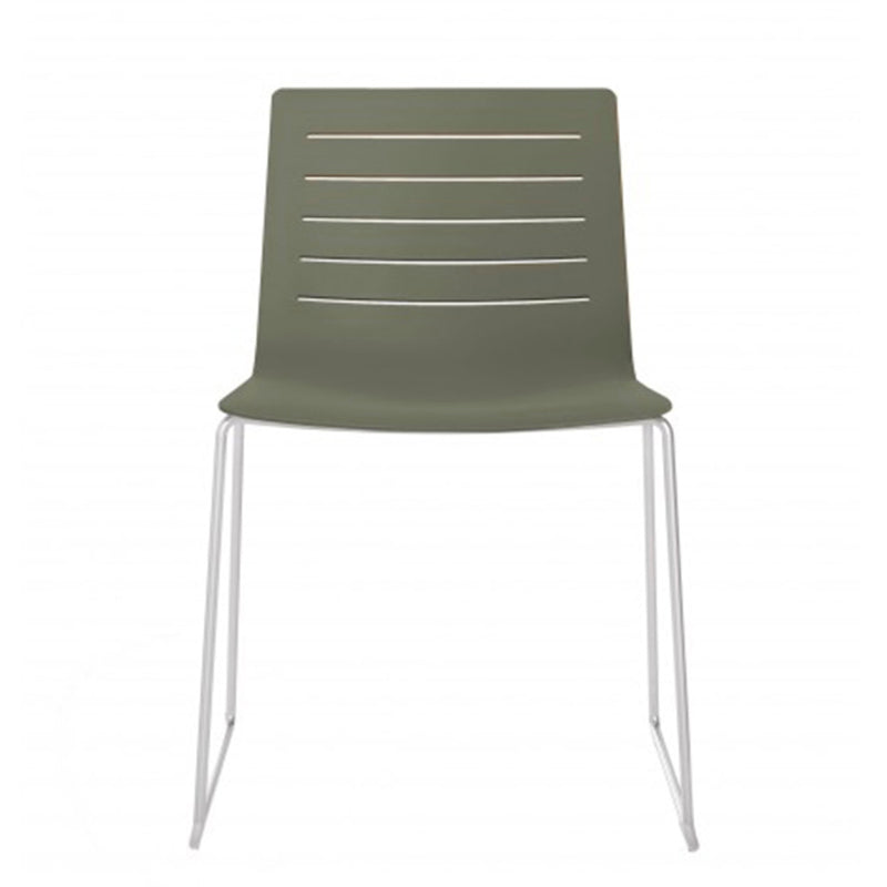 Introducing the Skin Sled Chair by Resol, a stylish, sustainable piece with an olive green fiberglass and polypropylene seat featuring horizontal slits, paired with sleek white metal legs for a minimalist look.