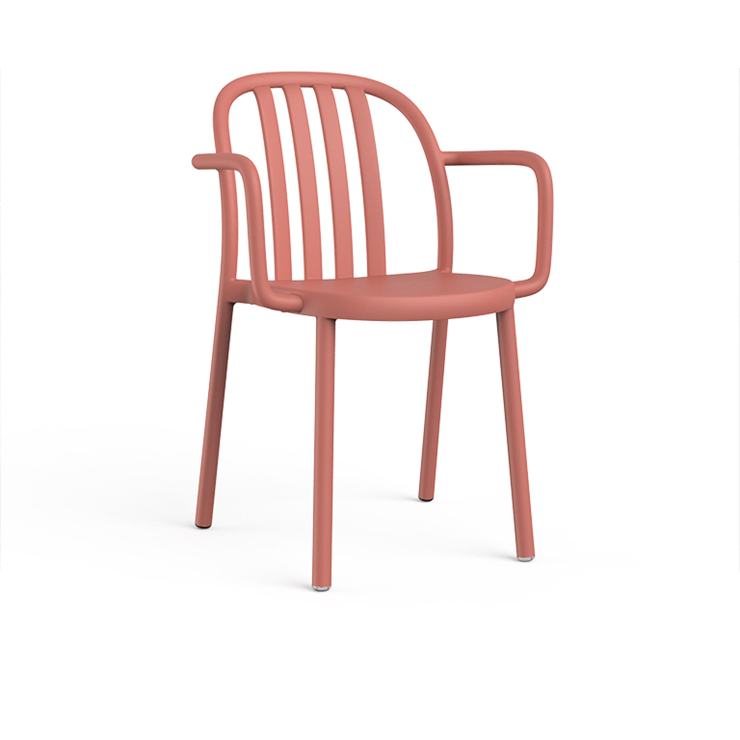 The Sue Armchair by Resol is a coral chair with a curved backrest and armrests, featuring a slatted design. It stands on four straight legs with metal caps, showcased on a plain white background.