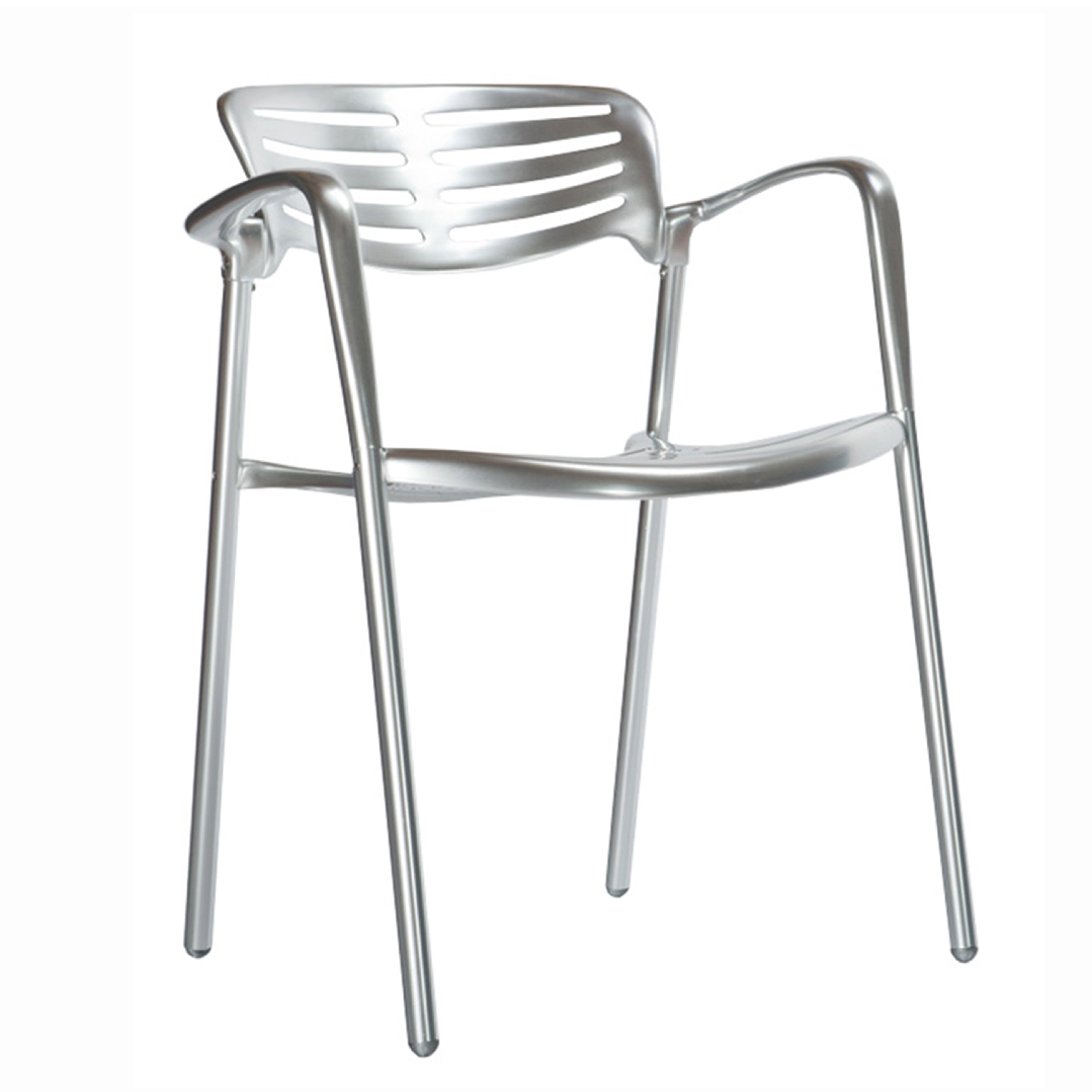 Introducing the Resol Toledo Armchair, a modern silver metal chair with sleek, minimalist lines and a slatted backrest. It features a UV-protected finish, curved armrests, and four straight legs that add elegance to any space.