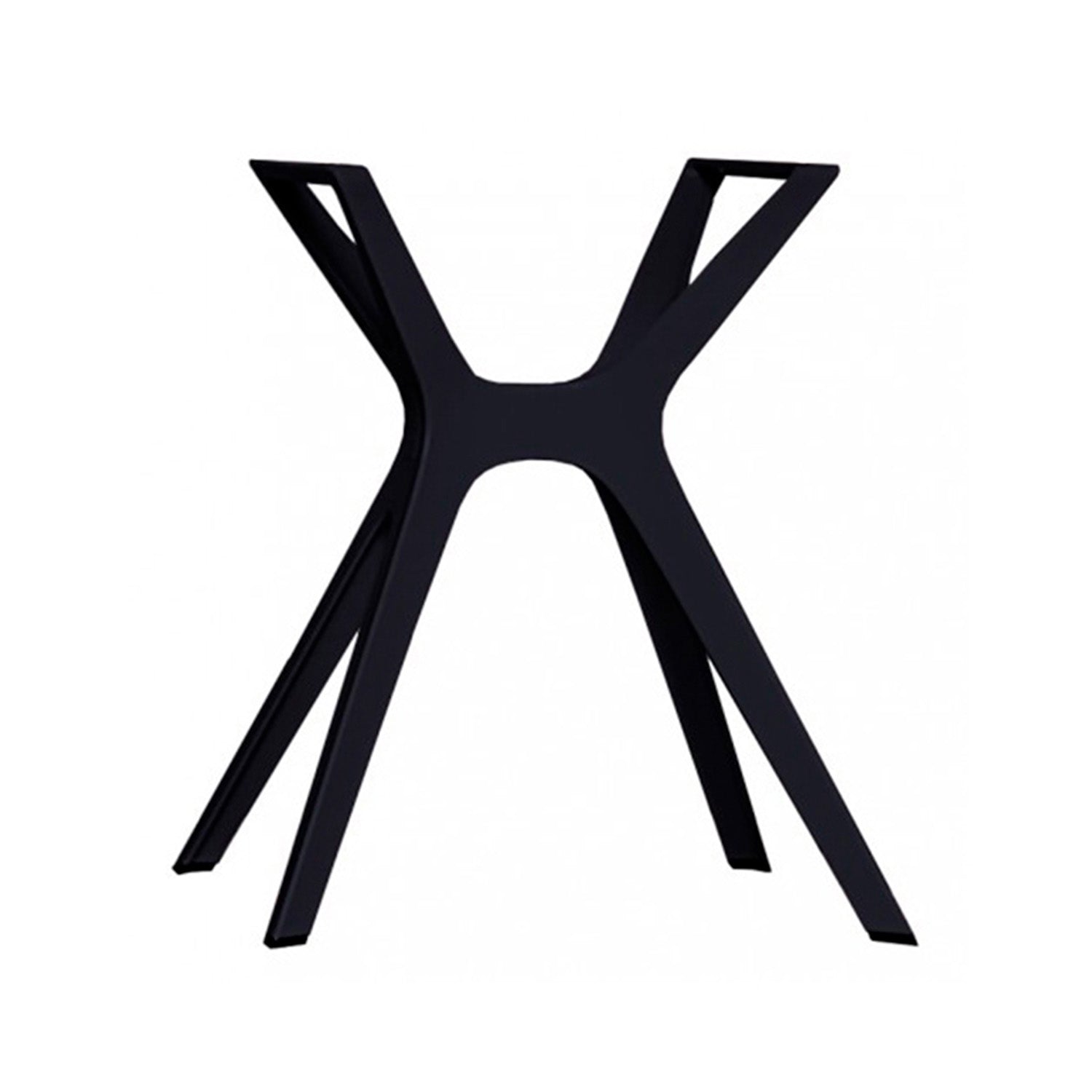 The Vela Table S by Resol boasts a sleek, modern design with a black metal base featuring four angled legs and intersecting bars forming an X shape at the center. Suitable for indoor and outdoor use, it exemplifies innovative furniture solutions against a plain white background.