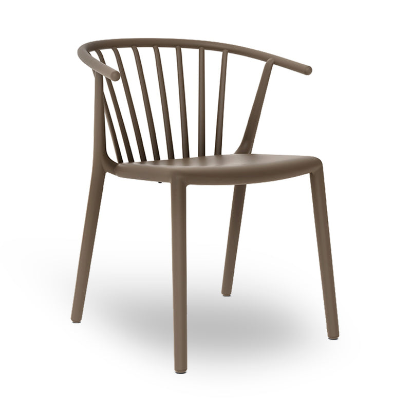 The Woody Chair by Resol is a modern brown chair with a minimalist design, ideal for interiors and exteriors. It boasts a curved backrest with vertical bars, cylindrical legs, and a smooth seat, crafted sustainably. The chair is set against a plain white background.