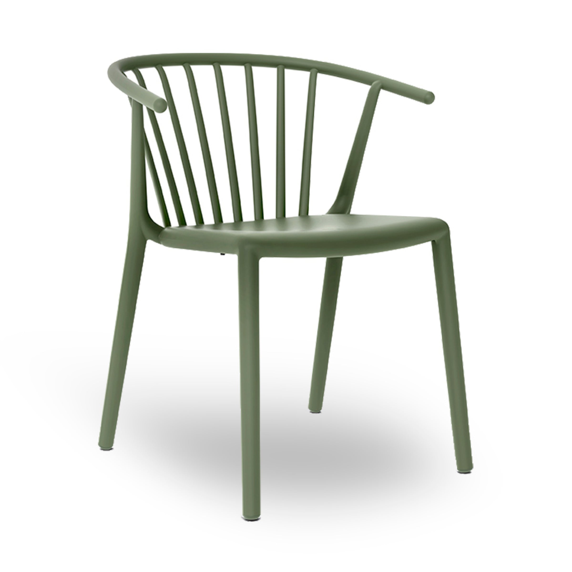 The Woody Chair by Resol is a green plastic chair with a minimalist design, featuring a rounded backrest with vertical slats and four straight legs. Suitable for indoor and outdoor use, it is sustainably made and offers UV protection for enhanced durability.