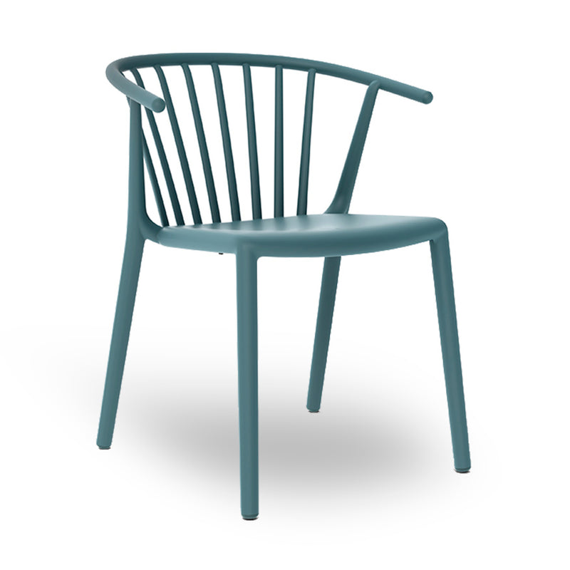 The Resol Woody Chair features a sleek, modern teal design with a curved backrest of vertical slats and four sturdy legs. Crafted sustainably, its perfect for both indoor and outdoor use. Its elegant style stands out against any plain white backdrop.