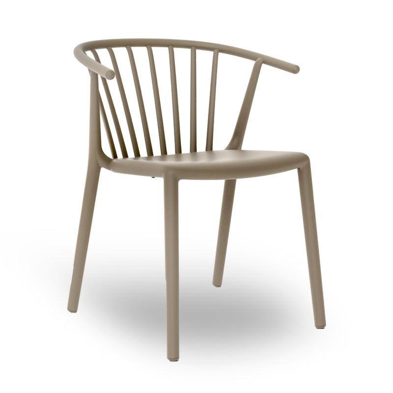 Explore the Resol Woody Chair, a sustainably crafted taupe seat. Its modern minimalist style includes a curved backrest with vertical slats and smooth angled legs, ideal for both indoor and outdoor use.