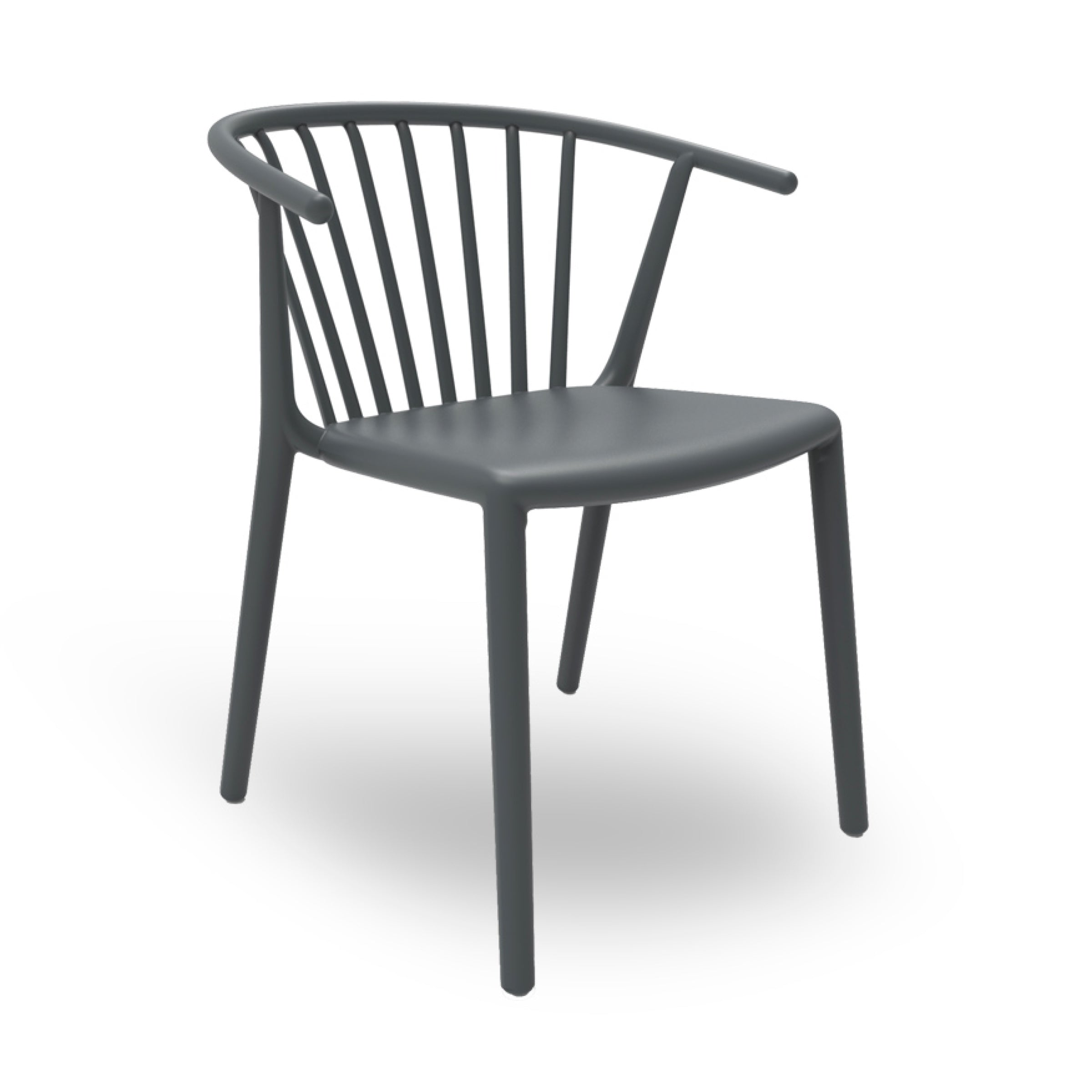 The Resol Woody Chair is a modern dark gray chair with a curved backrest and thin vertical slats. Made sustainably, it features four legs and a minimalist design, making it suitable for both interior and exterior dining or office spaces.