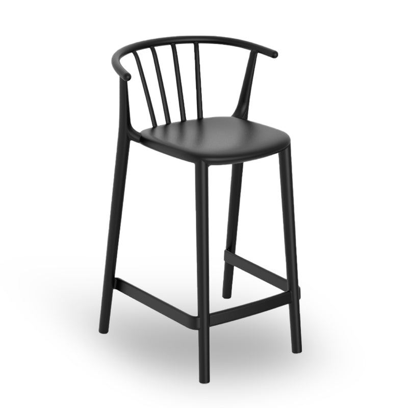 The Woody Stool from Resol features a modern black design with a curved backrest and four thin vertical slats. Its sleek, minimalist look includes a smooth seat, slender legs, and footrest for both interior and exterior use, crafted sustainably.